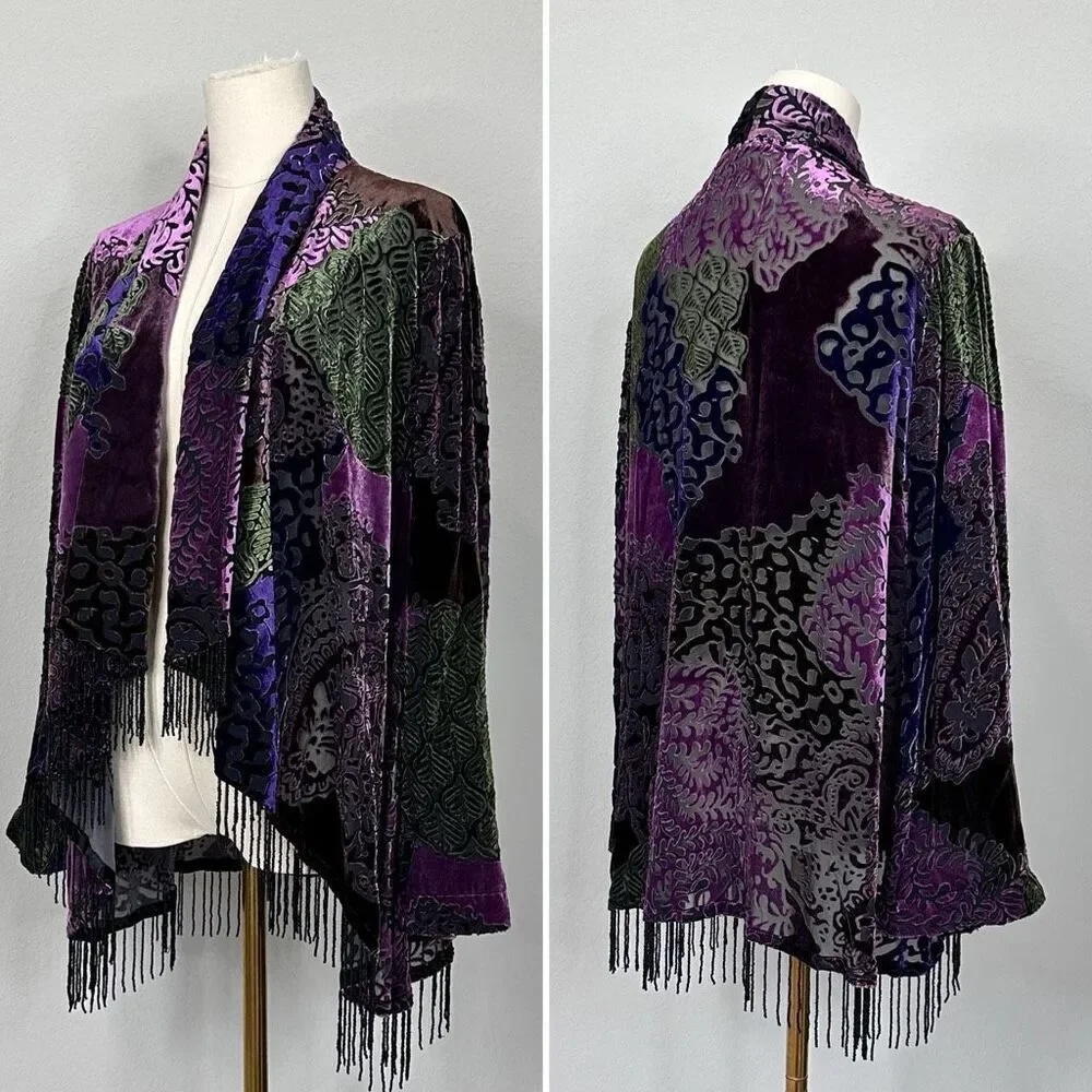 Vtg Y2K Picadilly Burnout Velvet Kimono Fringe Boho Goth 12 Whimsigoth Festival
